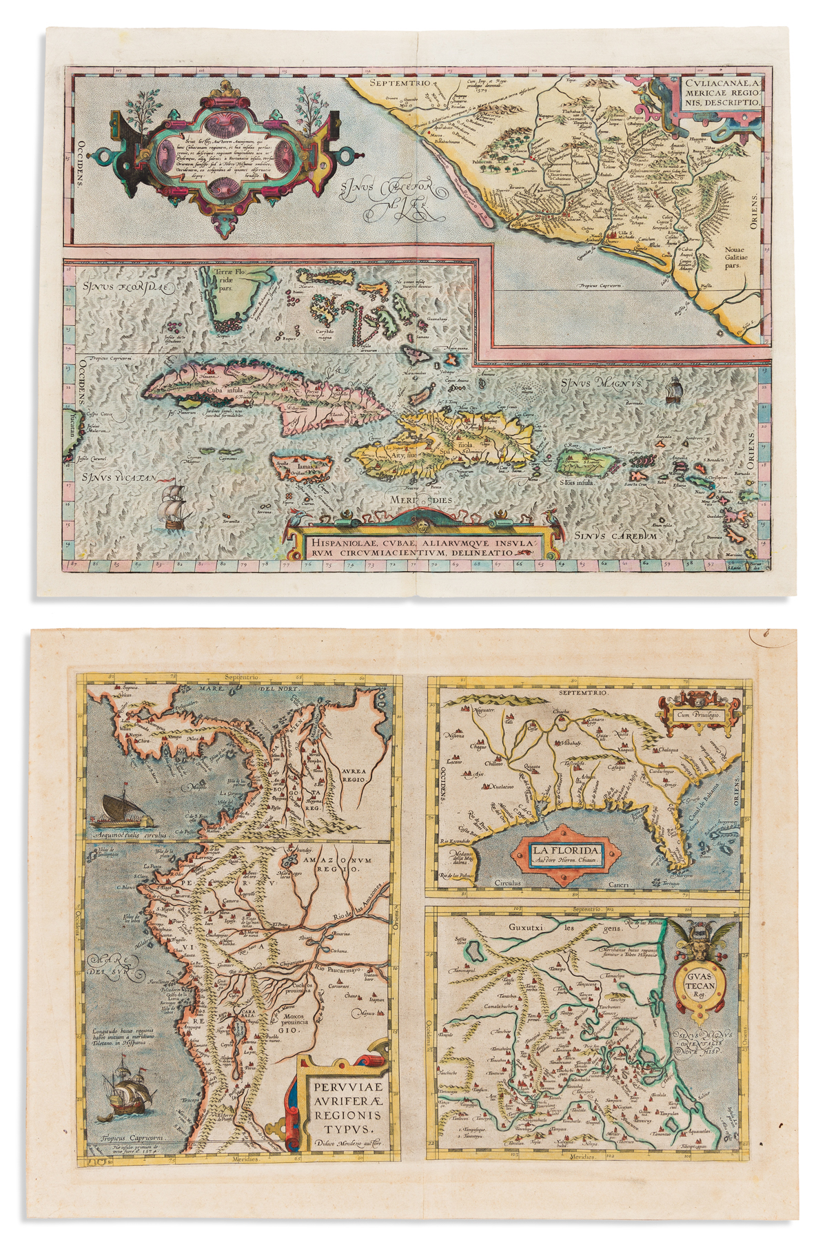 ORTELIUS, ABRAHAM. Two engraved maps of American interest.